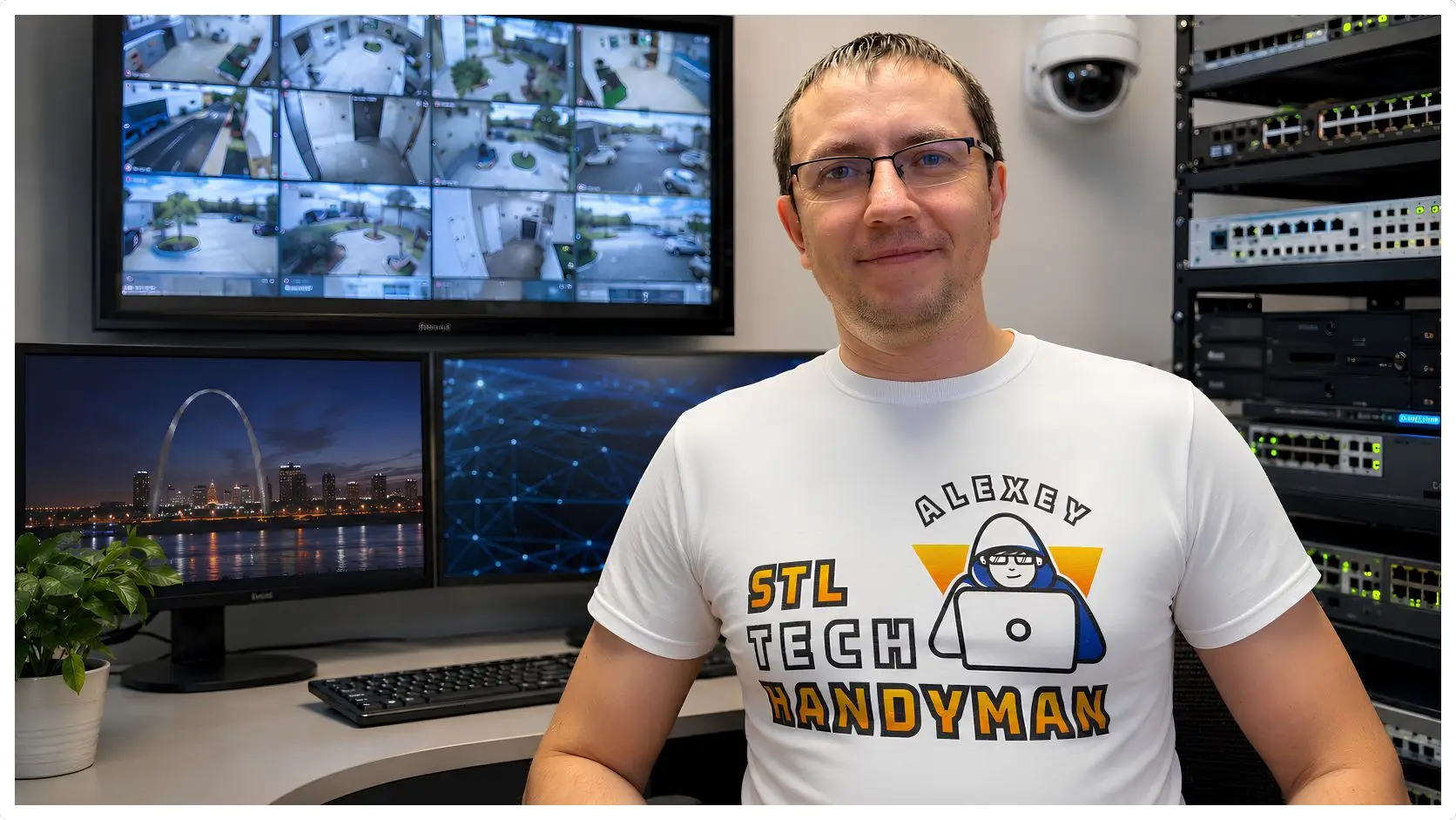 Man in a white STL Tech Handyman shirt sits at a desk in a security/tech control room with multiple monitors showing surveillance feeds and a server rack nearby.